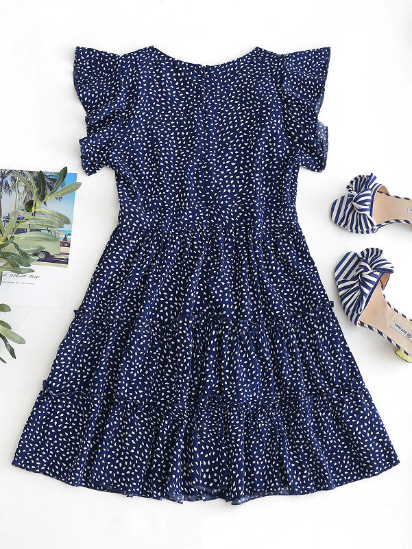 Raindrop Print Flounces A Line Dress Short Sleeves Ruffles High Waist Sexy Mini Dress - Image 2