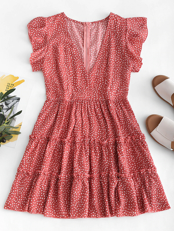 Raindrop Print Flounces A Line Dress Short Sleeves Ruffles High Waist Sexy Mini Dress - Image 4