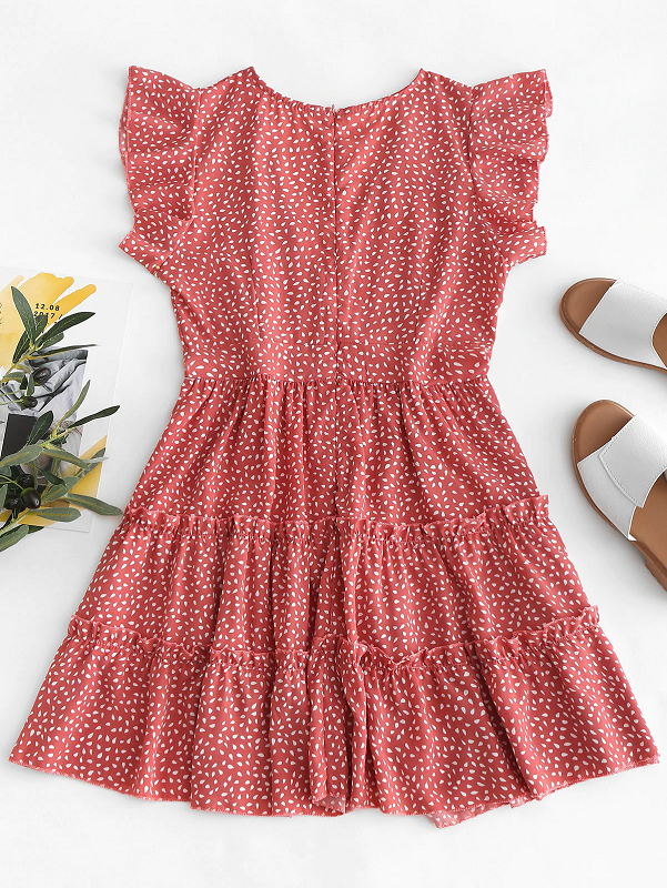 Raindrop Print Flounces A Line Dress Short Sleeves Ruffles High Waist Sexy Mini Dress - Image 5