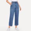 Ruffle Waist Culotte Jeans With Belt Blue High Waist Women Trousers