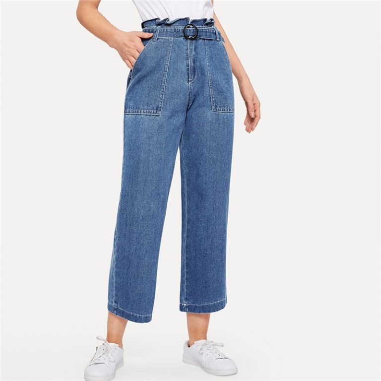 Ruffle Waist Culotte Jeans With Belt Blue High Waist Women Trousers