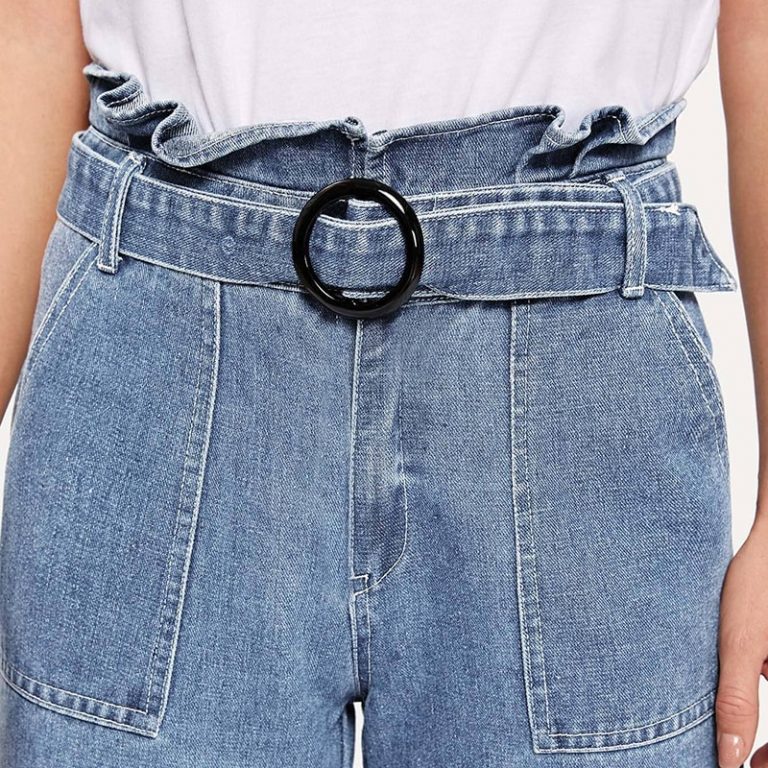 Ruffle Waist Culotte Jeans With Belt Blue High Waist Women Trousers - Image 10