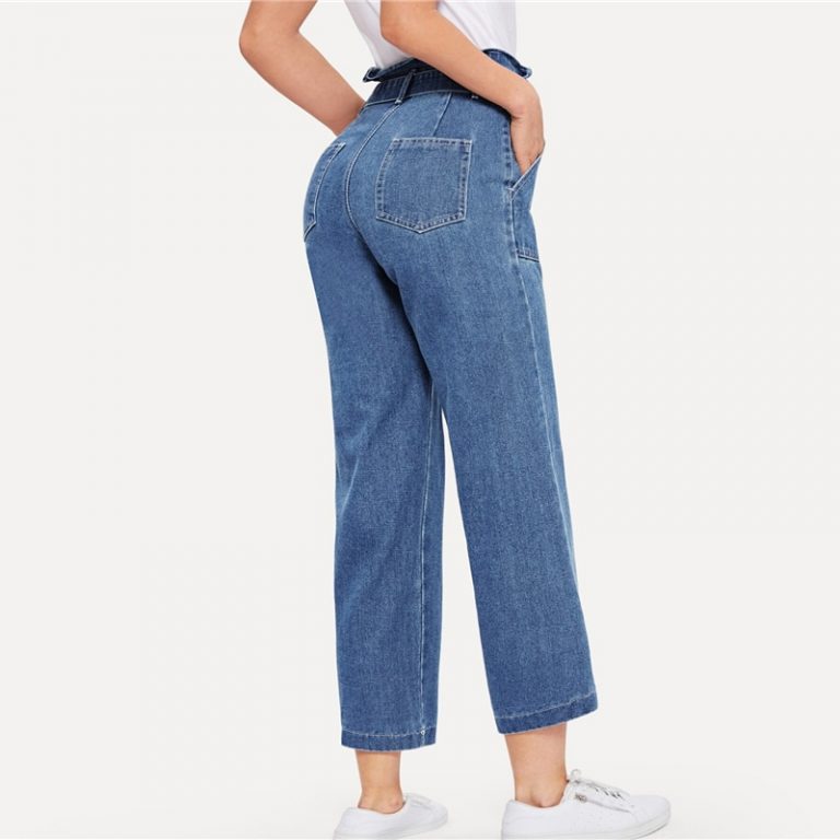 Ruffle Waist Culotte Jeans With Belt Blue High Waist Women Trousers - Image 2