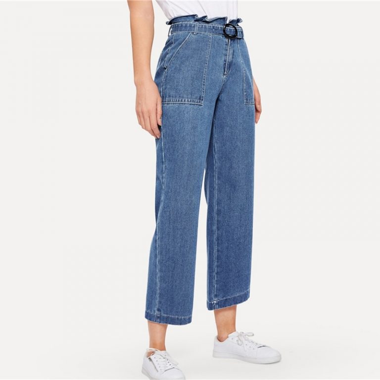 Ruffle Waist Culotte Jeans With Belt Blue High Waist Women Trousers - Image 3