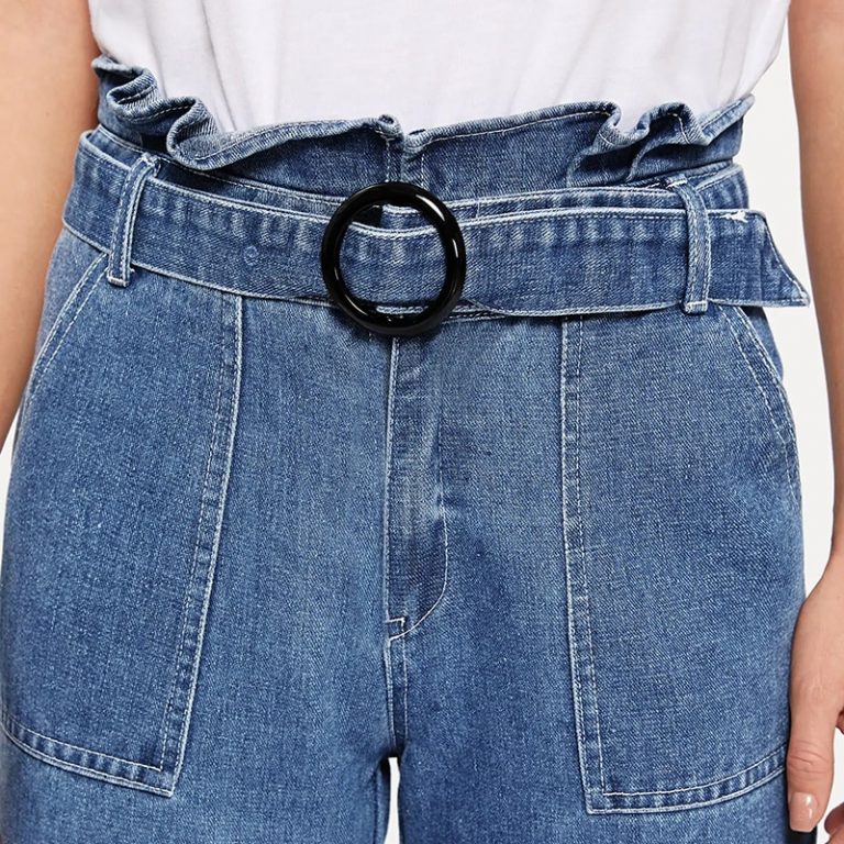Ruffle Waist Culotte Jeans With Belt Blue High Waist Women Trousers - Image 5