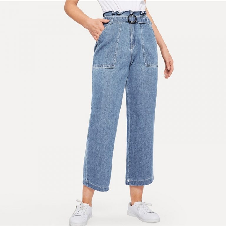 Ruffle Waist Culotte Jeans With Belt Blue High Waist Women Trousers - Image 6