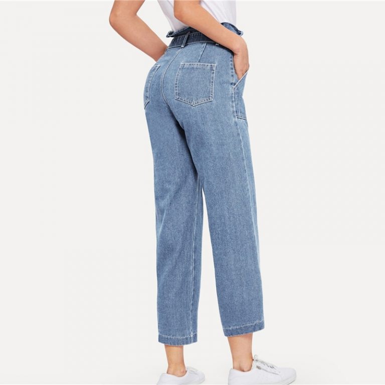 Ruffle Waist Culotte Jeans With Belt Blue High Waist Women Trousers - Image 7