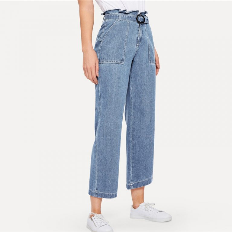 Ruffle Waist Culotte Jeans With Belt Blue High Waist Women Trousers - Image 8