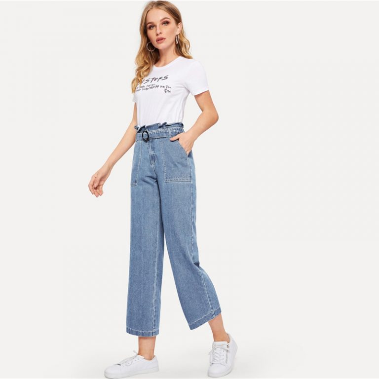 Ruffle Waist Culotte Jeans With Belt Blue High Waist Women Trousers - Image 9