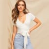 Sexy Deep V Neck Crop Wrap Belted Top Short Sleeve T shirt Tops