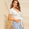 Sexy Deep V Neck Crop Wrap Belted Top Short Sleeve T shirt Tops - Image 2