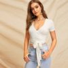 Sexy Deep V Neck Crop Wrap Belted Top Short Sleeve T shirt Tops - Image 5