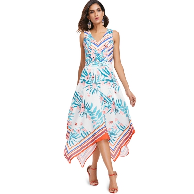 Sleeveless Plant and Stripe Print Handkerchief Dress