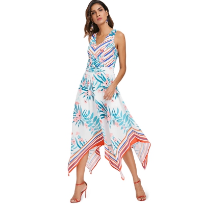 Sleeveless Plant and Stripe Print Handkerchief Dress - Image 2