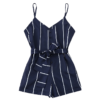 Striped Belted Casual Spaghetti Strap Buttons Cami Romper - Image 2