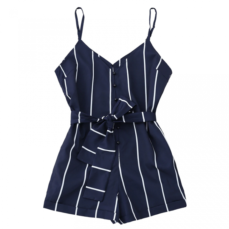Striped Belted Casual Spaghetti Strap Buttons Cami Romper - Image 2