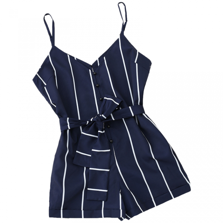 Striped Belted Casual Spaghetti Strap Buttons Cami Romper - Image 3