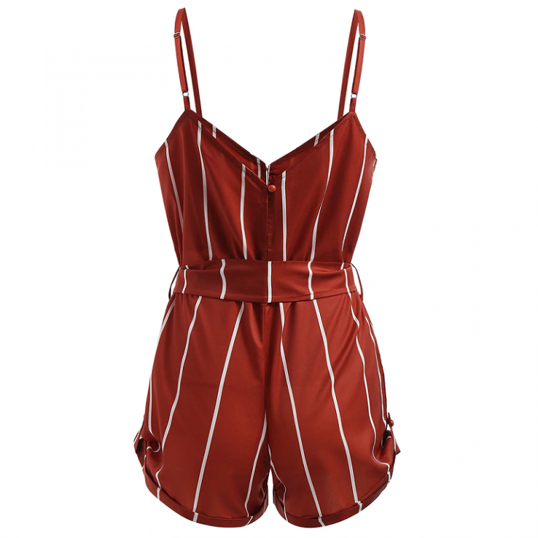 Striped Belted Casual Spaghetti Strap Buttons Cami Romper - Image 12