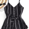 Striped Belted Casual Spaghetti Strap Buttons Cami Romper