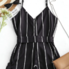 Striped Belted Casual Spaghetti Strap Buttons Cami Romper - Image 14