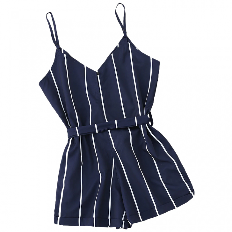 Striped Belted Casual Spaghetti Strap Buttons Cami Romper - Image 4