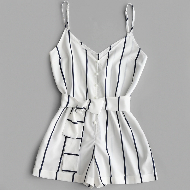 Striped Belted Casual Spaghetti Strap Buttons Cami Romper - Image 7