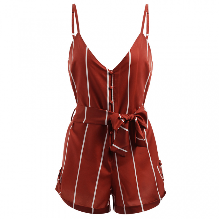 Striped Belted Casual Spaghetti Strap Buttons Cami Romper - Image 11