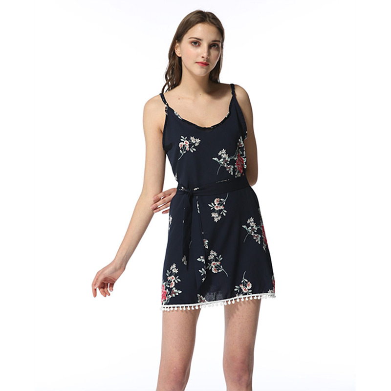 Sweet Young Girl Freshing Style Floral Print Cool Strap Tassel Dress