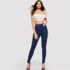 Woman Solid High Waist Denim Long Trousers - Image 10