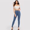 Woman Solid High Waist Denim Long Trousers - Image 4