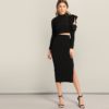 Women Asymmetrical Ruffle Sleeve Top And Slit Plain Skirt Set