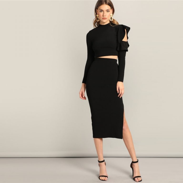 Women Asymmetrical Ruffle Sleeve Top And Slit Plain Skirt Set