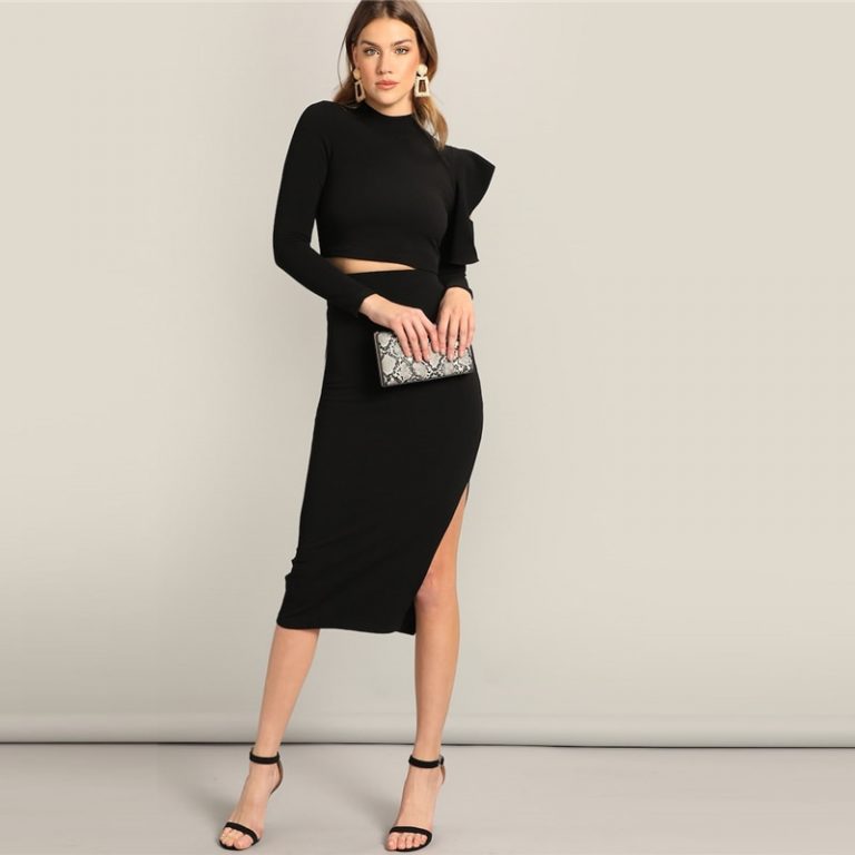 Women Asymmetrical Ruffle Sleeve Top And Slit Plain Skirt Set - Image 4