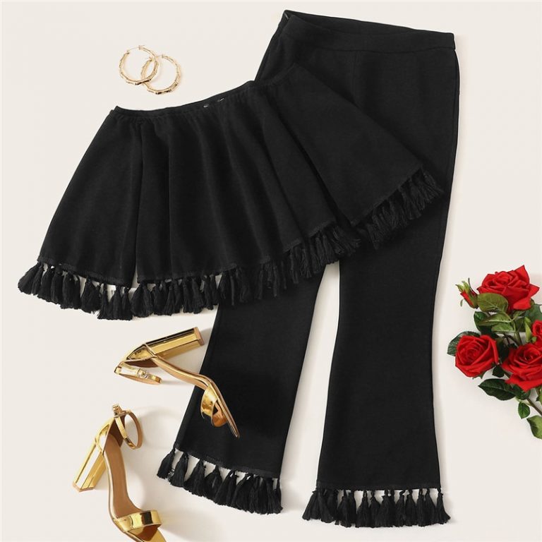 Women Bell Sleeve Tassel Hen Bardot Half Sleeve Top And Flare Pants Set - Image 2