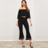 Women Bell Sleeve Tassel Hen Bardot Half Sleeve Top And Flare Pants Set