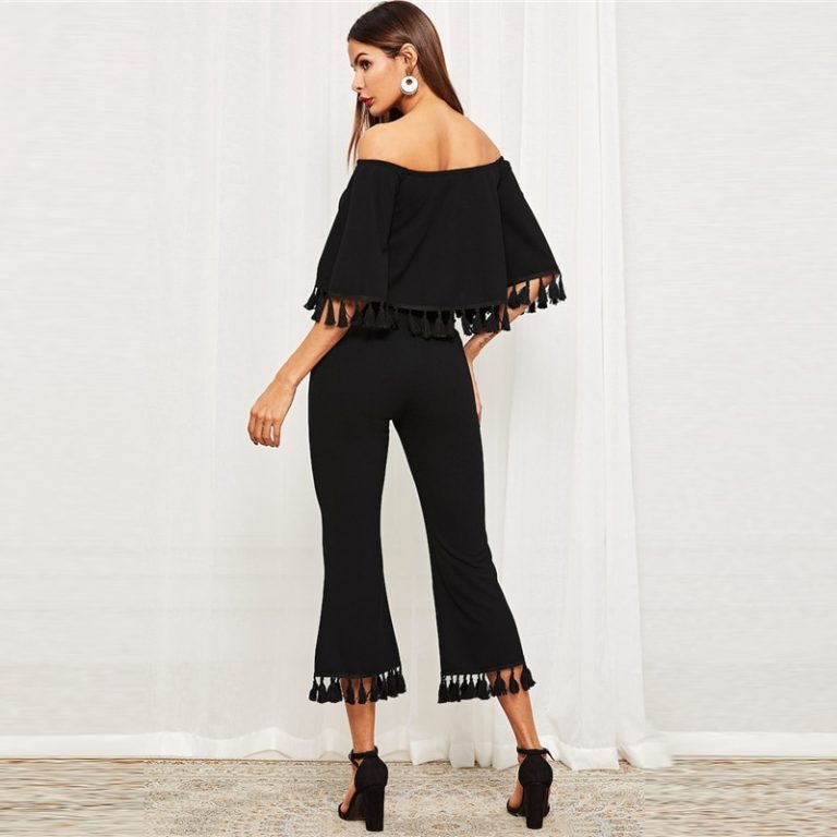 Women Bell Sleeve Tassel Hen Bardot Half Sleeve Top And Flare Pants Set - Image 6