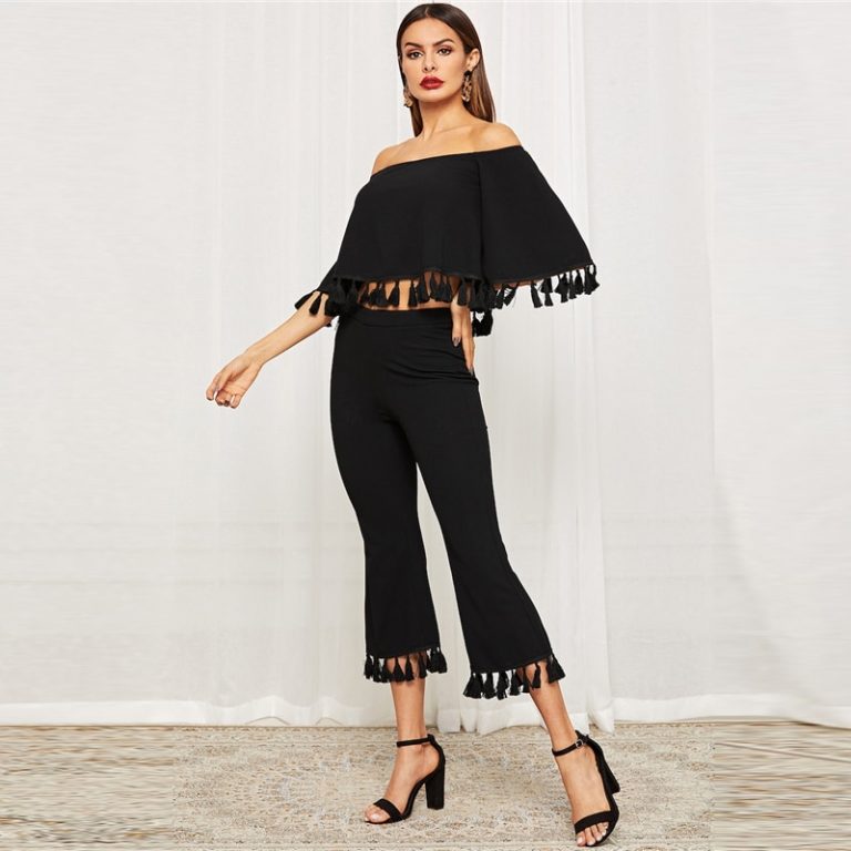 Women Bell Sleeve Tassel Hen Bardot Half Sleeve Top And Flare Pants Set - Image 4