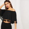 Women Bell Sleeve Tassel Hen Bardot Half Sleeve Top And Flare Pants Set - Image 3