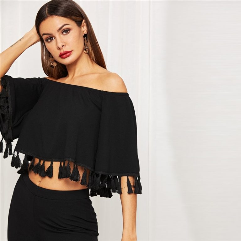 Women Bell Sleeve Tassel Hen Bardot Half Sleeve Top And Flare Pants Set - Image 3