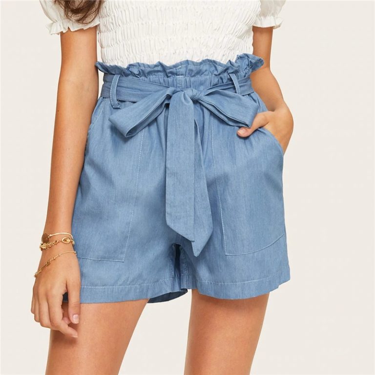 Women Casual Paper bag Waist Twin Pocket Patched Belted Denim Shorts