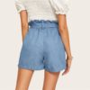 Women Casual Paper bag Waist Twin Pocket Patched Belted Denim Shorts - Image 2