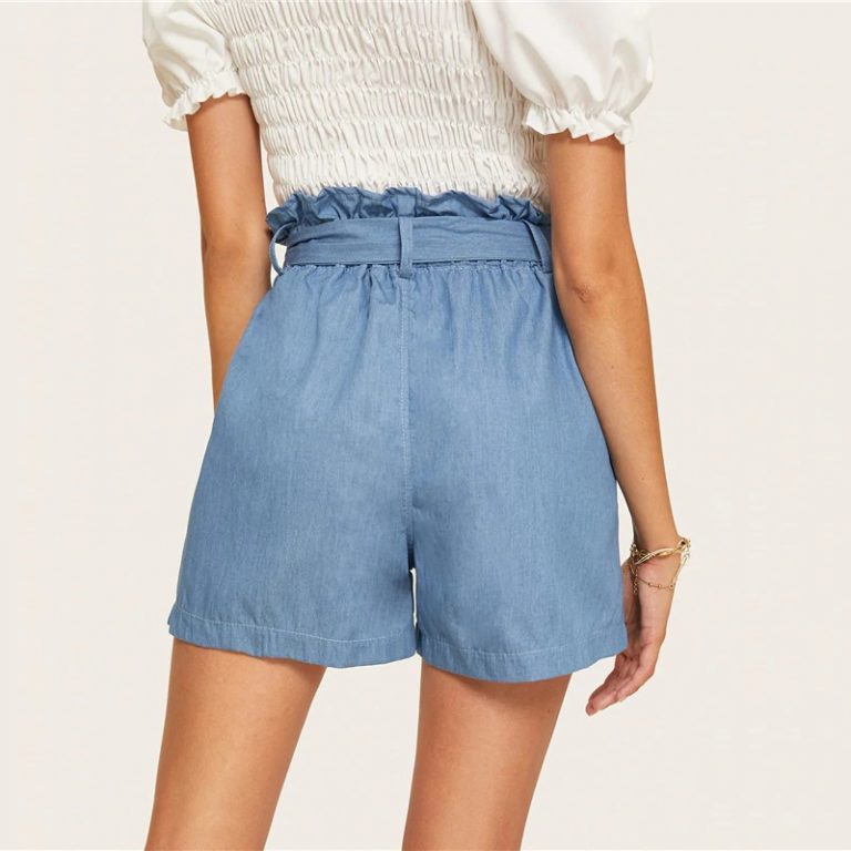 Women Casual Paper bag Waist Twin Pocket Patched Belted Denim Shorts - Image 2