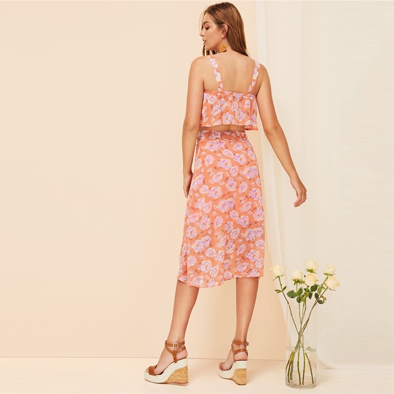 Women Bohemian Floral Ruffle Crop Top and Button Up Belted Midi Skirt Set - Image 6