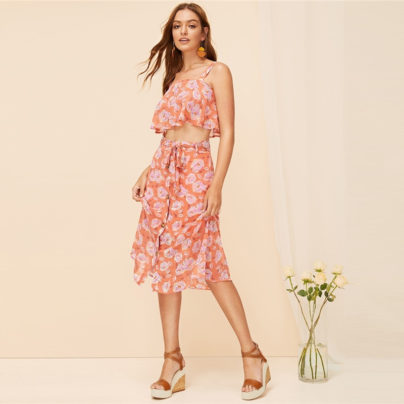 Women Bohemian Floral Ruffle Crop Top and Button Up Belted Midi Skirt Set - Image 5