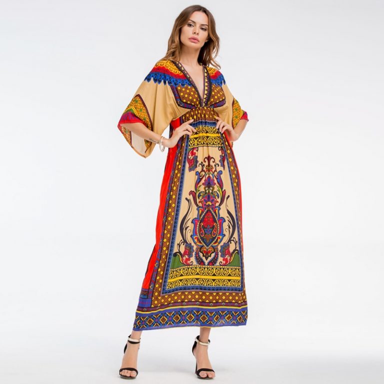 Women Bohemian Print V-Neck beach dress Holiday casual maxi dress