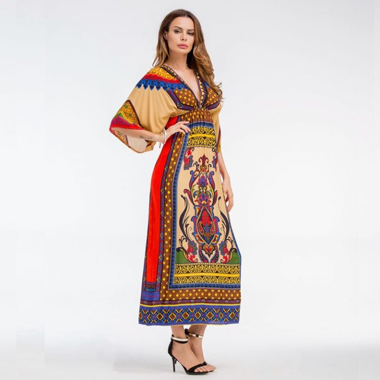 Women Bohemian Print V-Neck beach dress Holiday casual maxi dress - Image 2