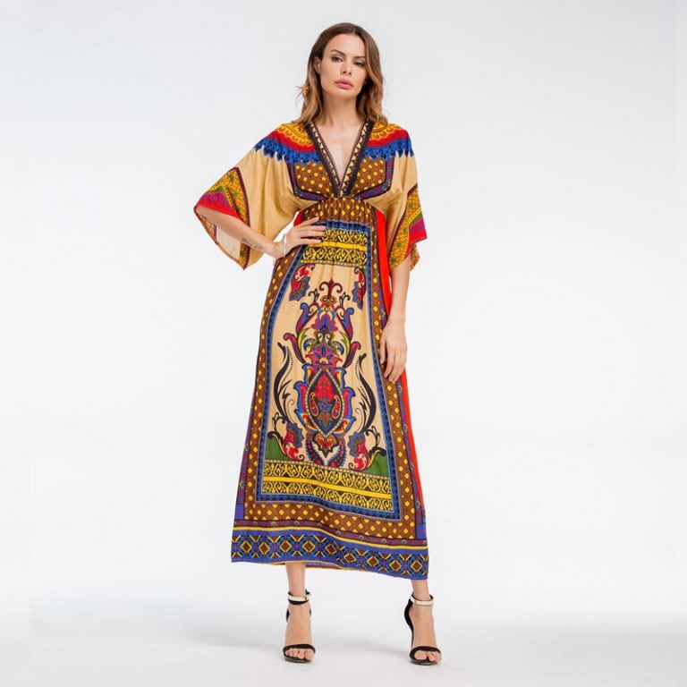 Women Bohemian Print V-Neck beach dress Holiday casual maxi dress - Image 3