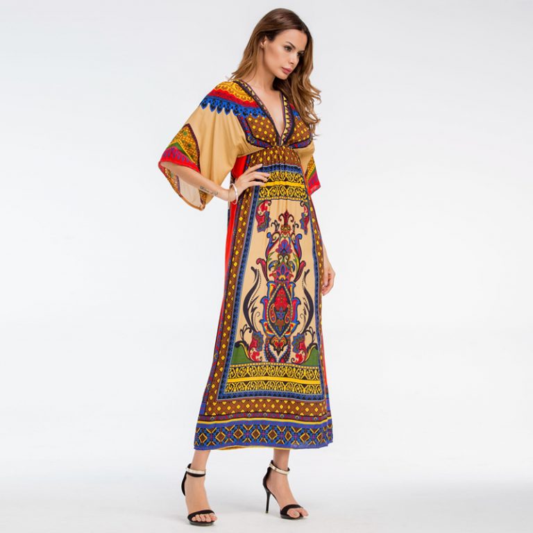 Women Bohemian Print V-Neck beach dress Holiday casual maxi dress - Image 4