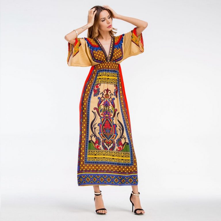 Women Bohemian Print V-Neck beach dress Holiday casual maxi dress - Image 5