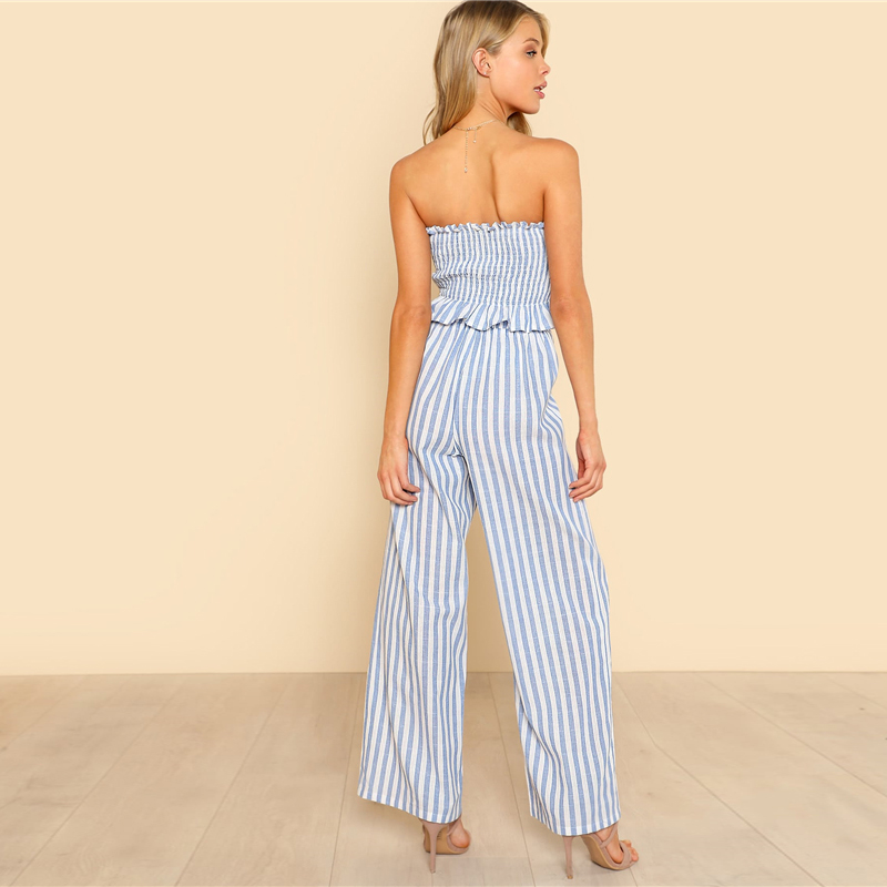 Women Bohemian Shirred Ruffle Hem Strapless Crop Cami Top and Wide Leg Pants Striped Sets - Image 5